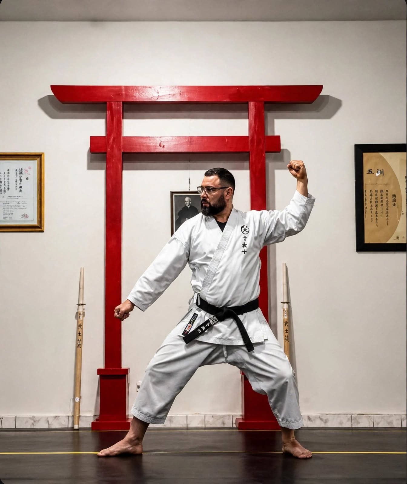 Sensei Lasie praticando uma posição de karatê diante de um torii
